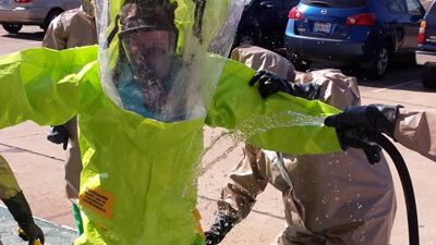 Decontamination of a hazmat suit