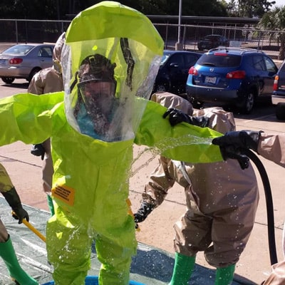 Decontamination of a hazmat suit